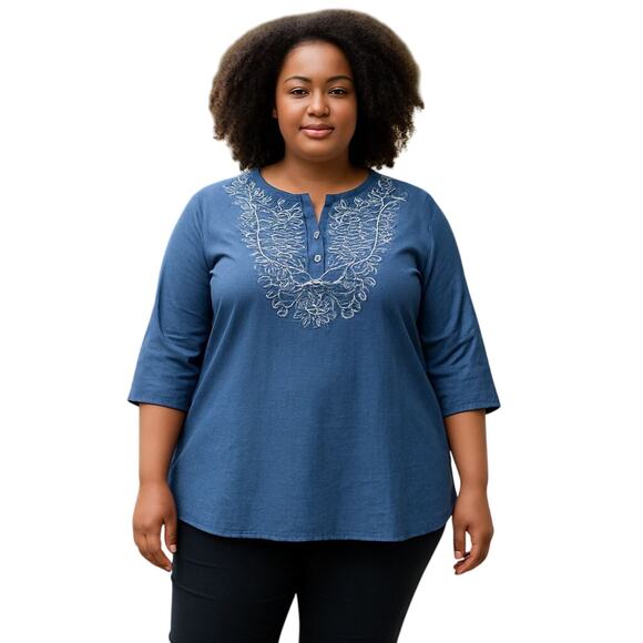 Susan Graver Blouse Top Womens Plus Size 1X Blue Linen Blend Embroidered Boho - Picture 1 of 12